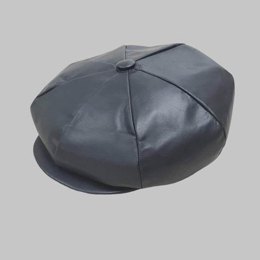 Men Black Cowhide Real Leather Newsboy Cap