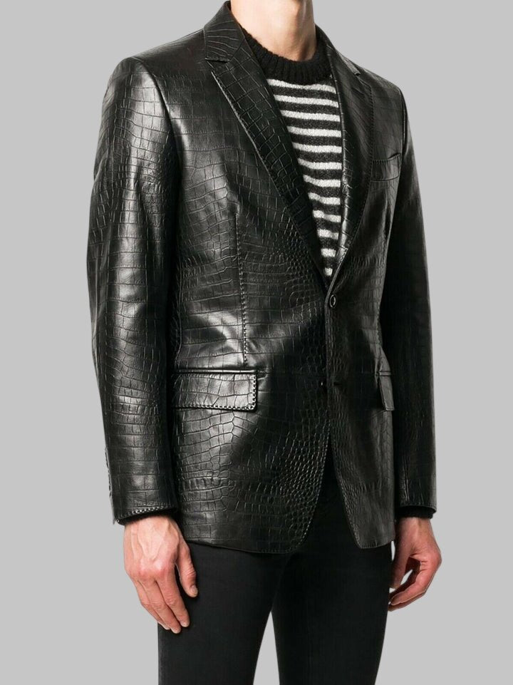 Men Black Crocodile Embossed Leather Blazer