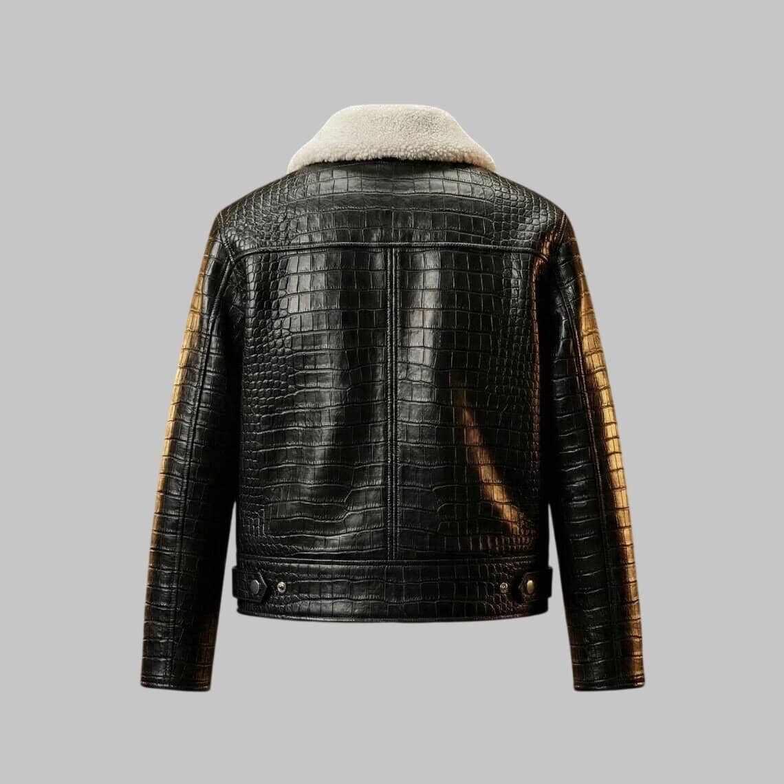 Back View of Men Black Crocodile Embossed Leather Jacket with White Fur Collar