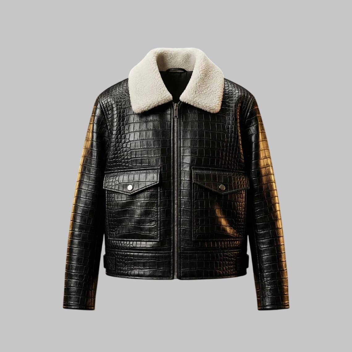 Front View of Men Black Crocodile Embossed Leather Jacket with White Fur Collar