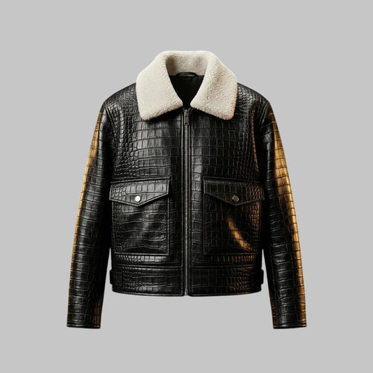 Front View of Men Black Crocodile Embossed Leather Jacket with White Fur Collar