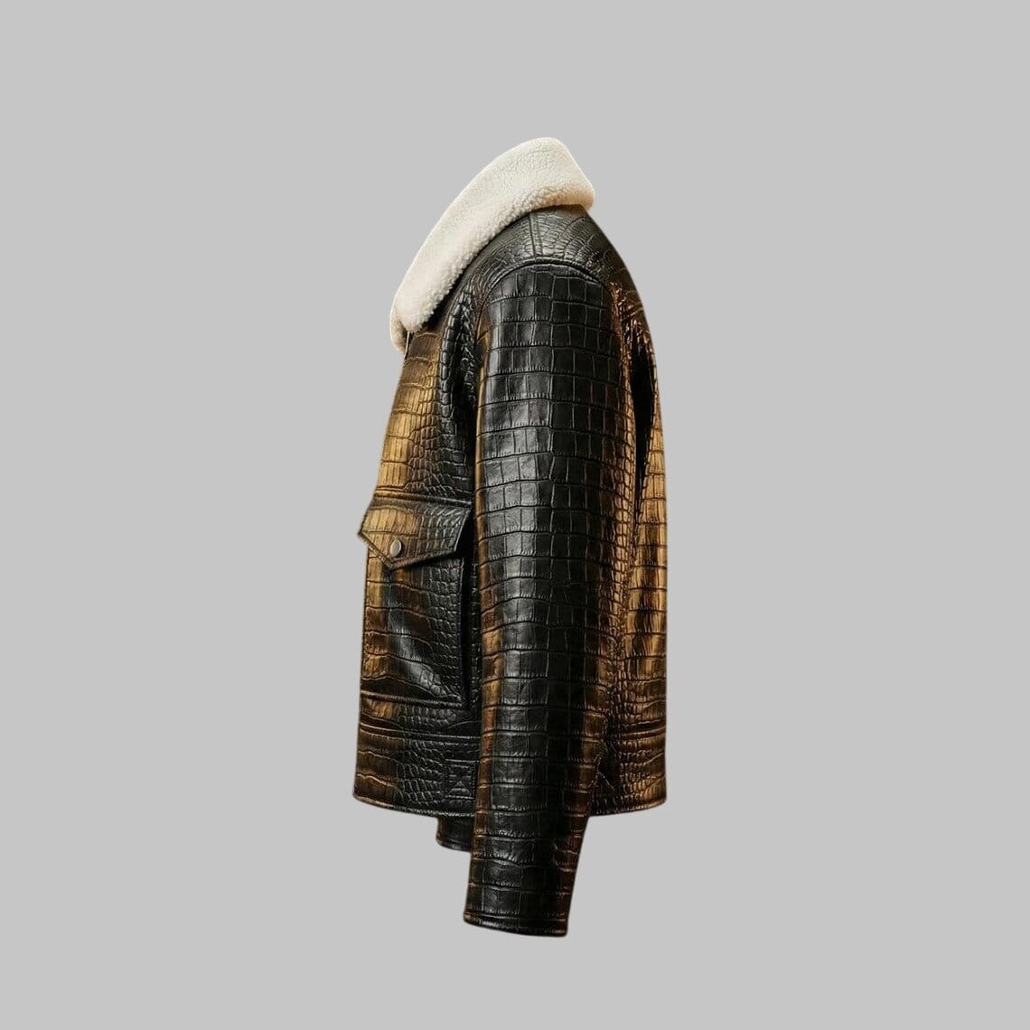Side View of Men Black Crocodile Embossed Leather Jacket with White Fur Collar