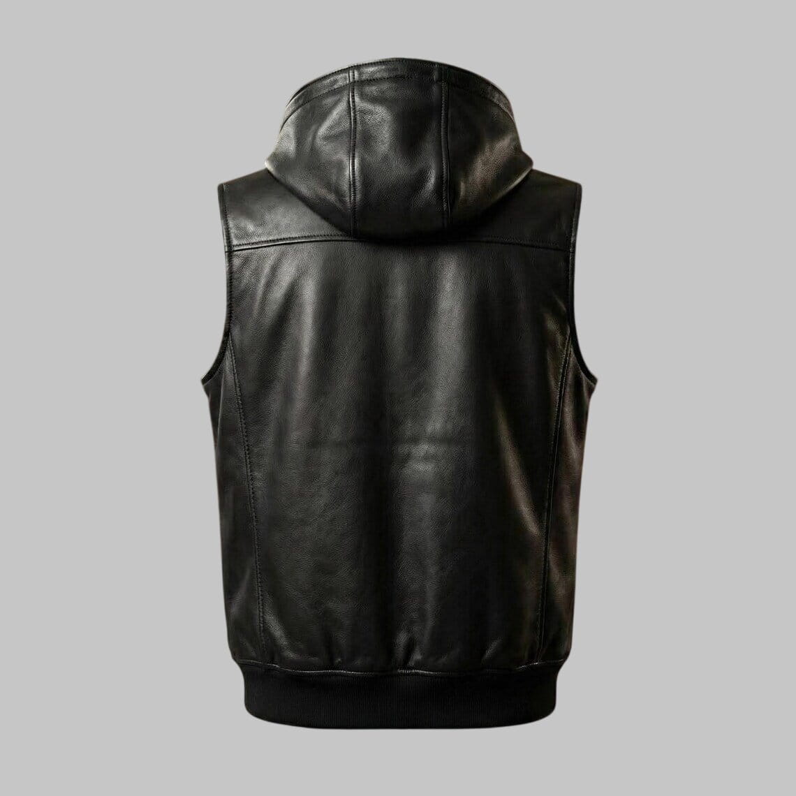 Back View of Men Black Genuine Leather Vest with Hood and Flap Pockets