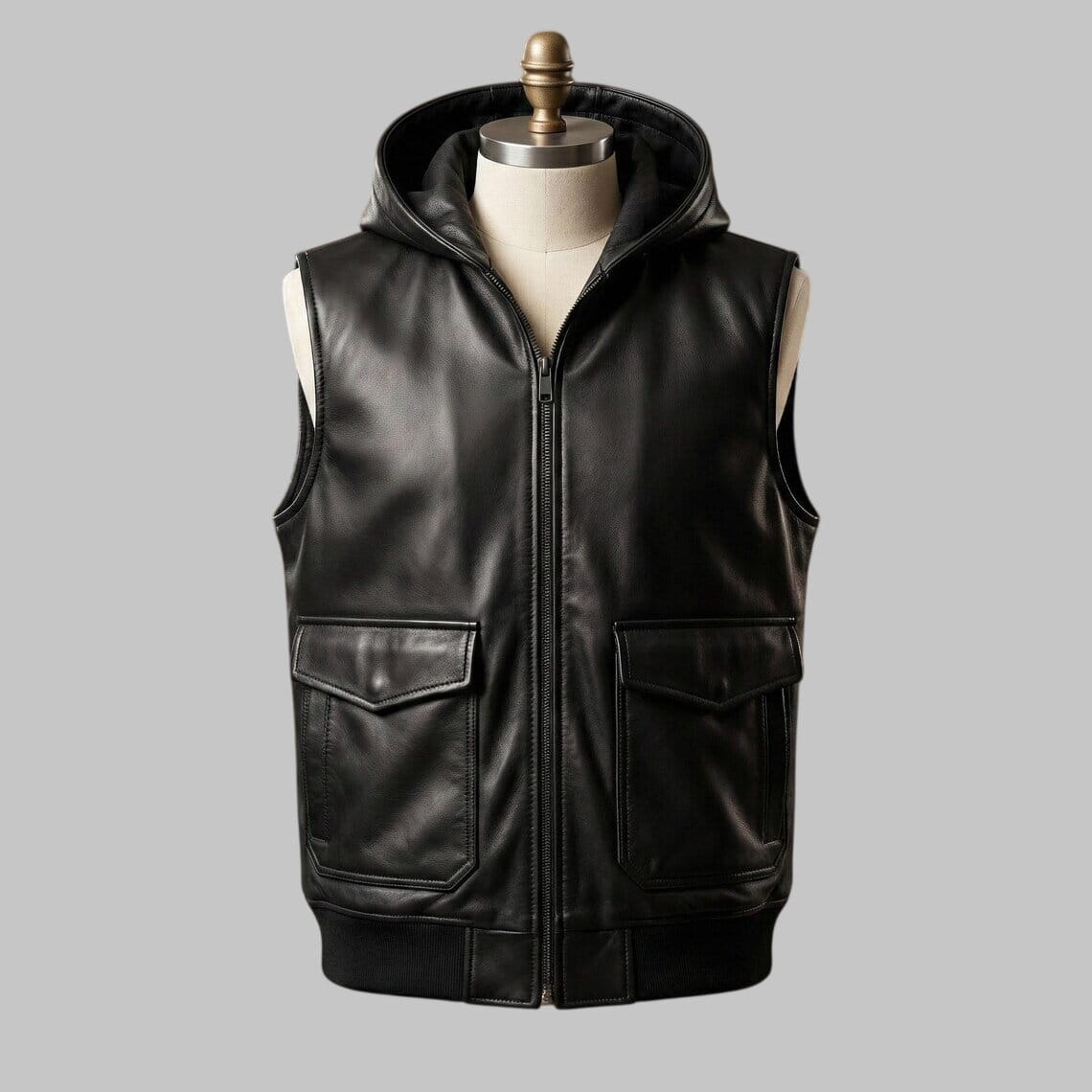 Front View of Men Black Genuine Leather Vest with Hood and Flap Pockets