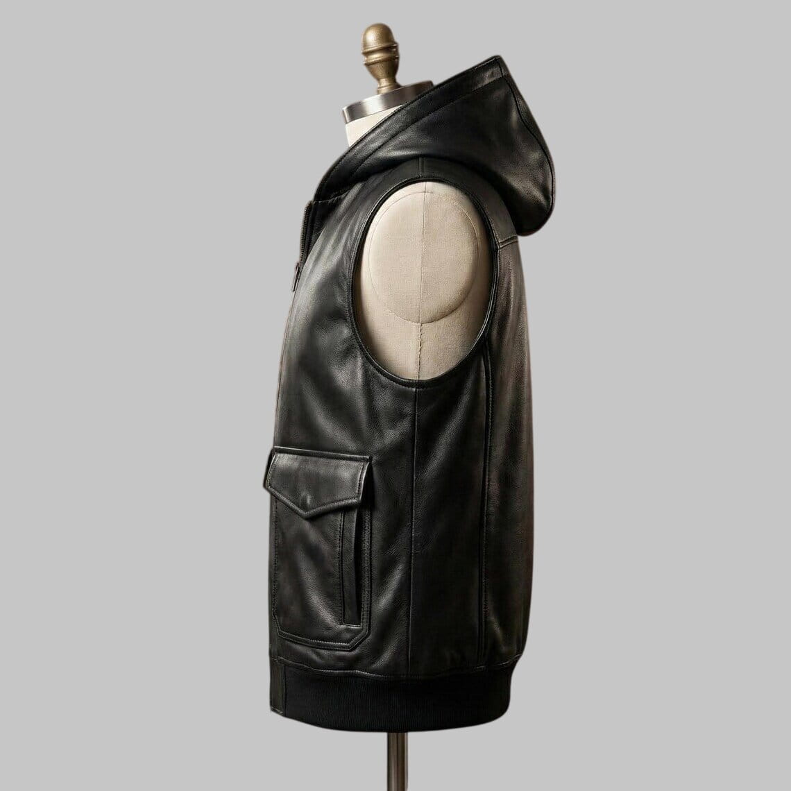 Side View of Men Black Genuine Leather Vest with Hood and Flap Pockets