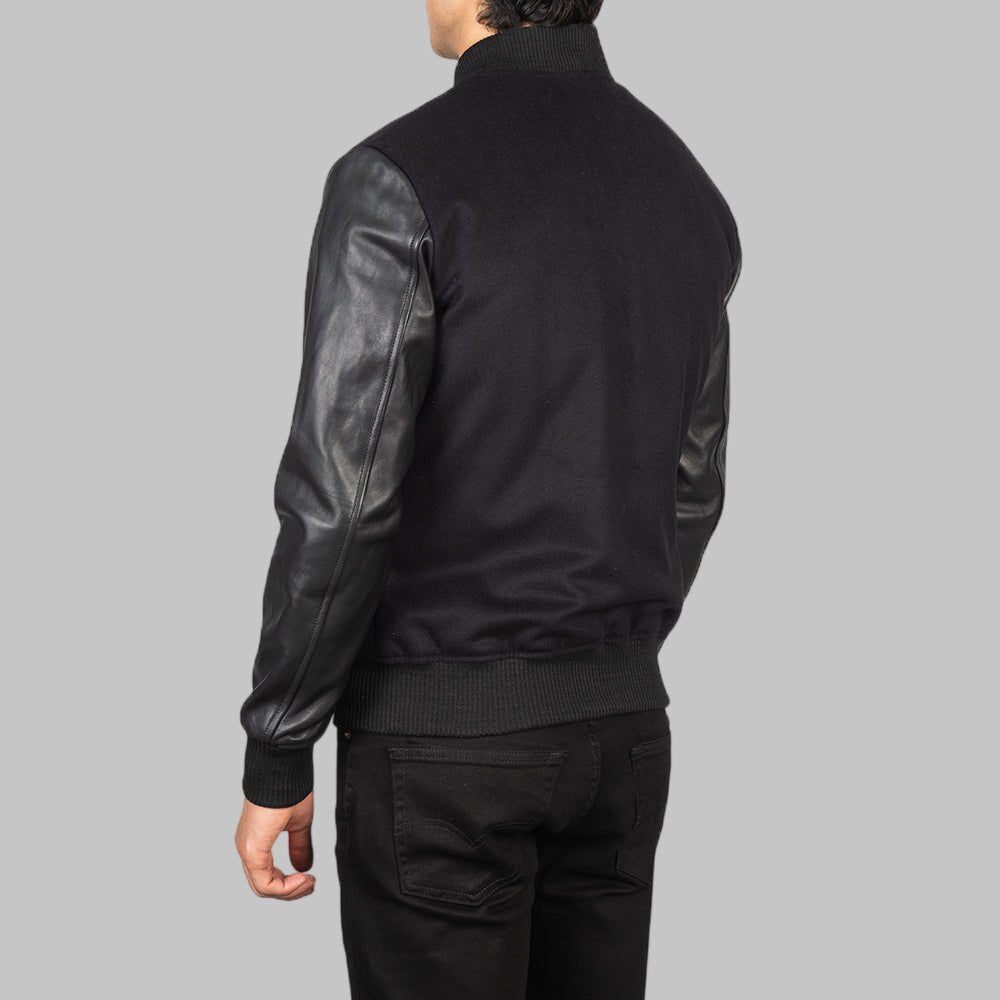 Men Black Hybrid Wool and Leather Varsity Bomber Jacket