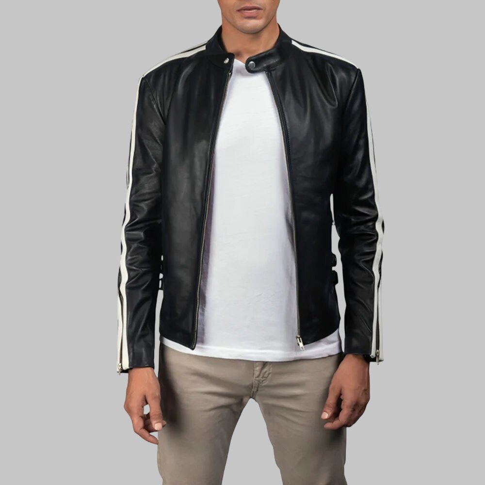 Men Black Leather Cafe Racer Jacket with White Stripes