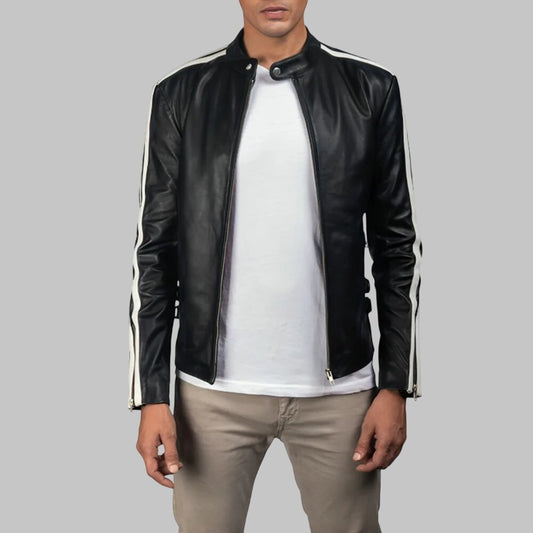 Men Black Leather Cafe Racer Jacket with White Stripes