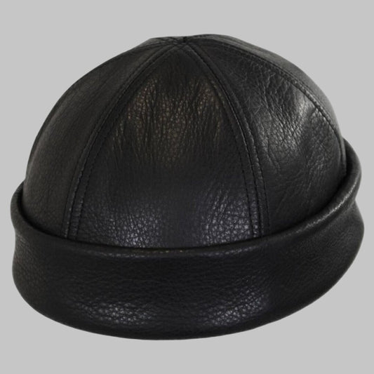 Men Black Leather Skull Cap