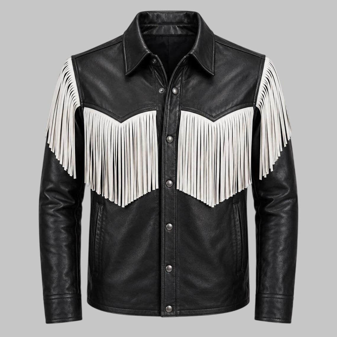 Black leather western-style jacket with white fringe detailing across the chest and shoulders, shown on a neutral gray background.