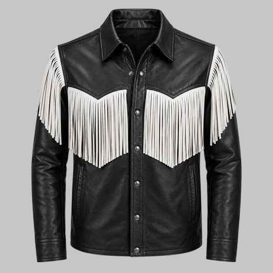 Black leather western-style jacket with white fringe detailing across the chest and shoulders, shown on a neutral gray background.