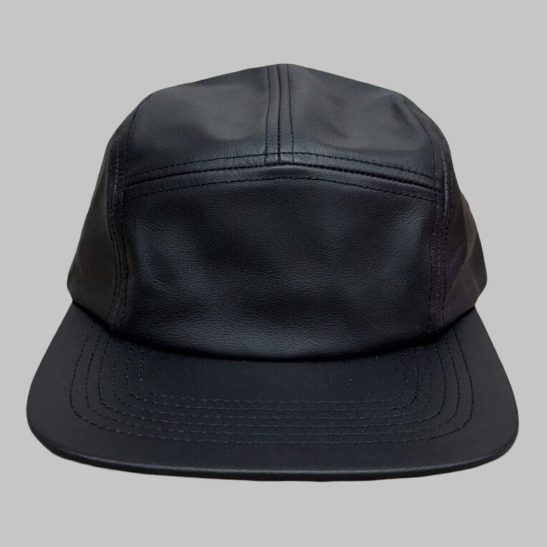 Men Black Real Leather 5 Panel Camp Cap