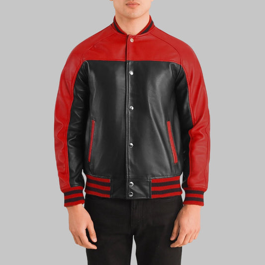 Men Black & Red Leather Varsity Jacket