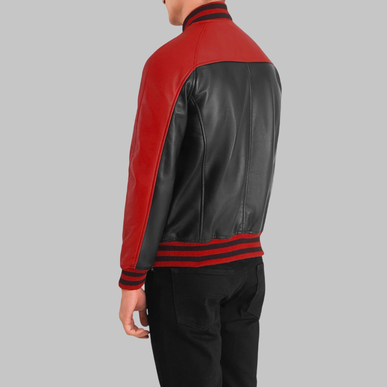 Men Black & Red Leather Varsity Jacket