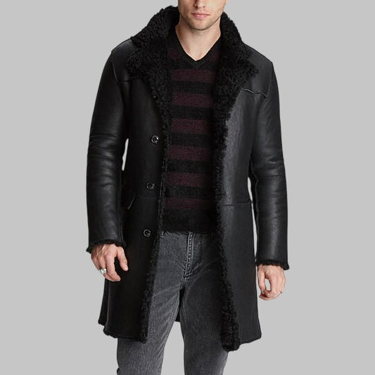 Men Black Shearling Leather Trench Coat
