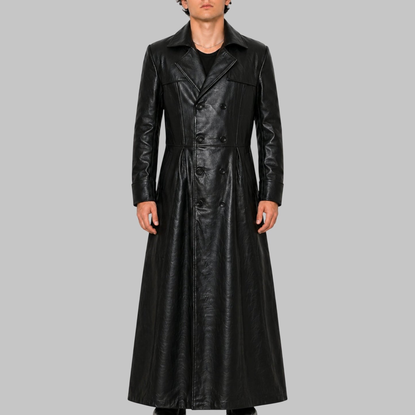 Men Black Slim Fit Genuine Leather Double Breasted Trench Coat
