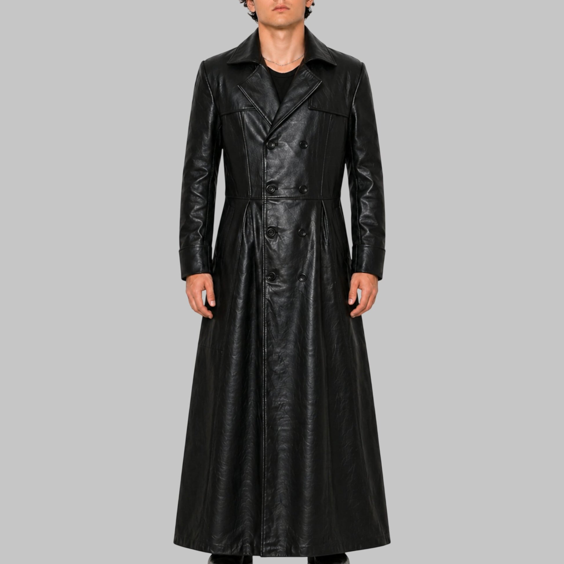 Men Black Slim Fit Genuine Leather Double Breasted Trench Coat