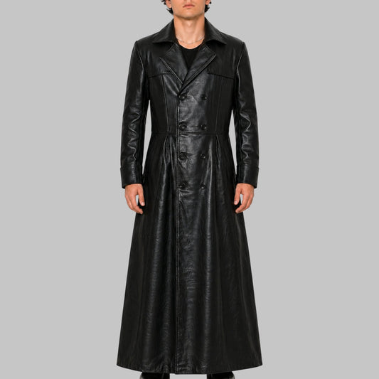 Men Black Slim Fit Genuine Leather Double Breasted Trench Coat