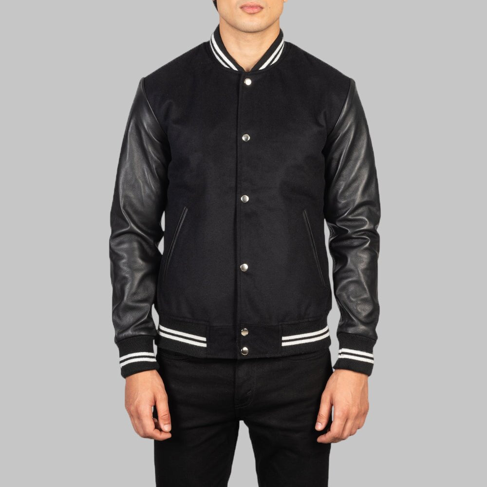 Men Black Striped Hybrid Wool and Leather Varsity Bomber Jacket