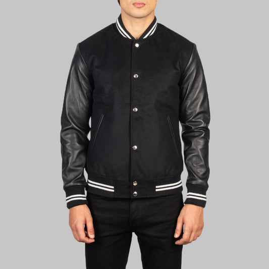 Men Black Striped Hybrid Wool and Leather Varsity Bomber Jacket