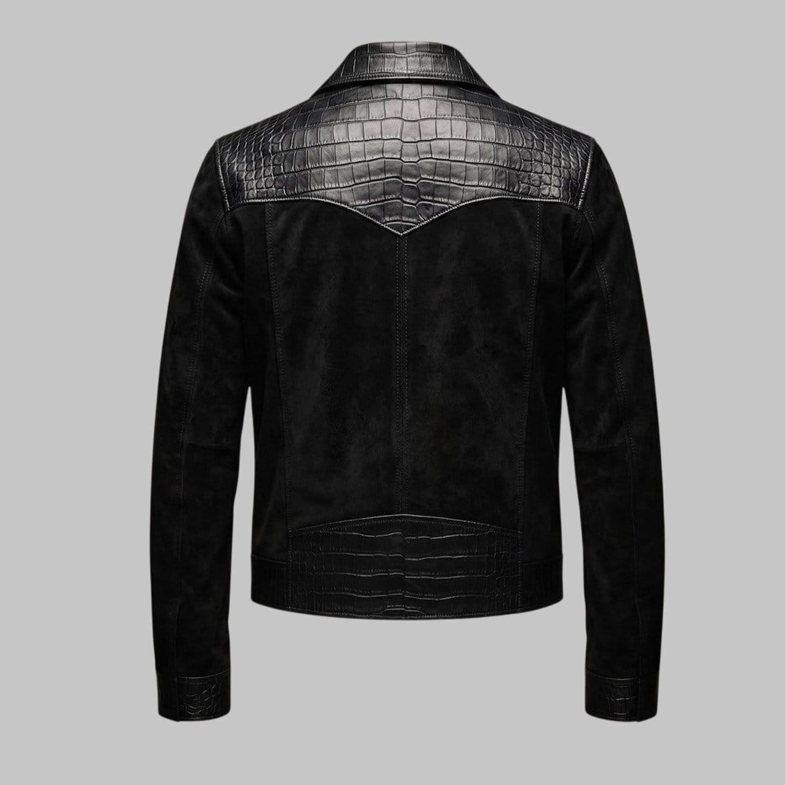Back View of Men Black Suede Leather Crocodile Embossed Jacket