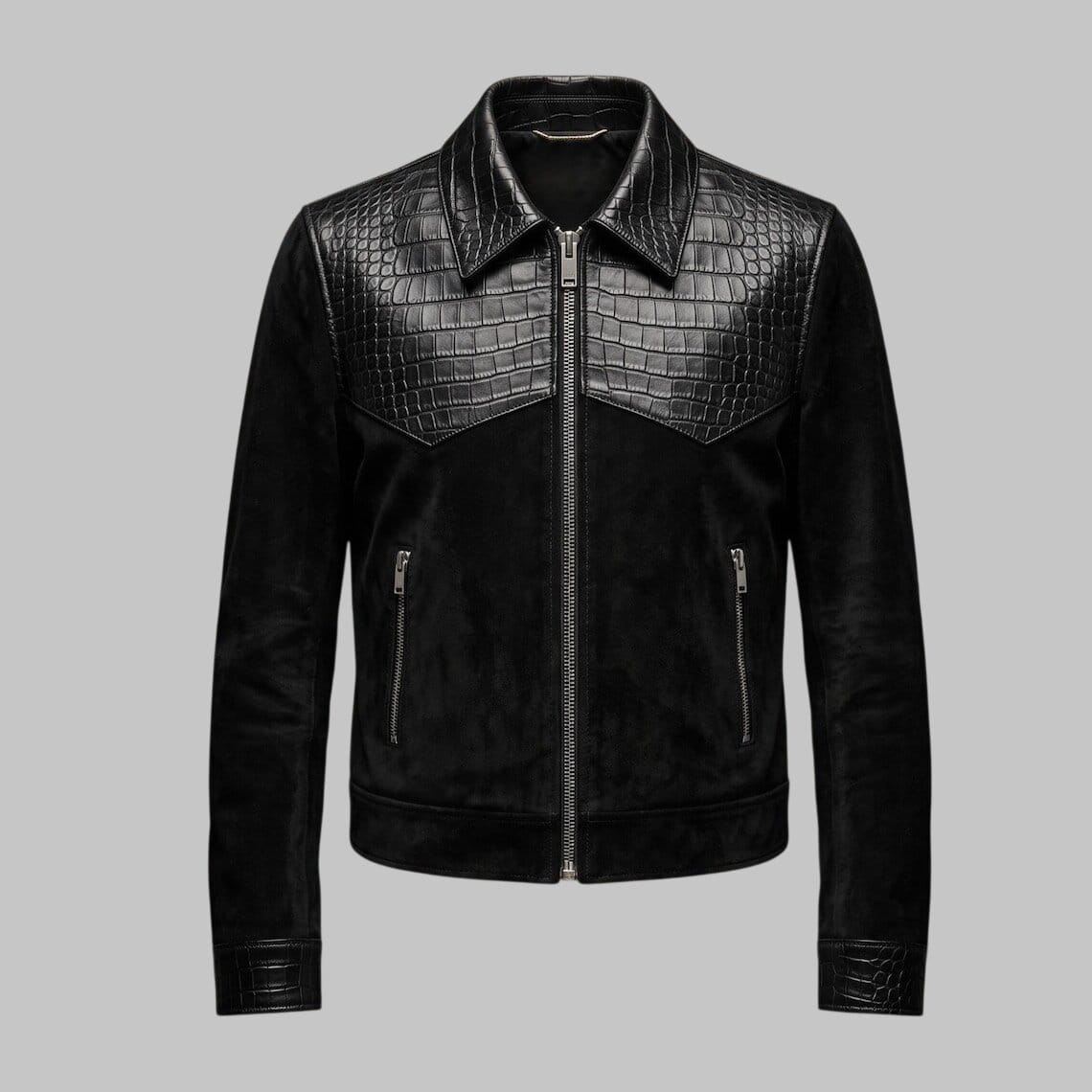 Front View of Men Black Suede Leather Crocodile Embossed Jacket