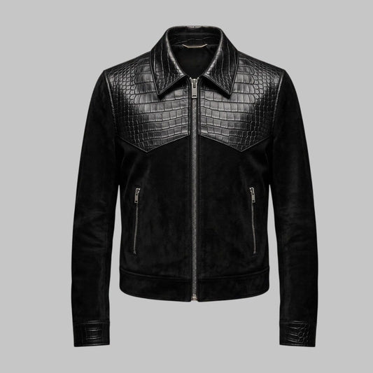 Front View of Men Black Suede Leather Crocodile Embossed Jacket