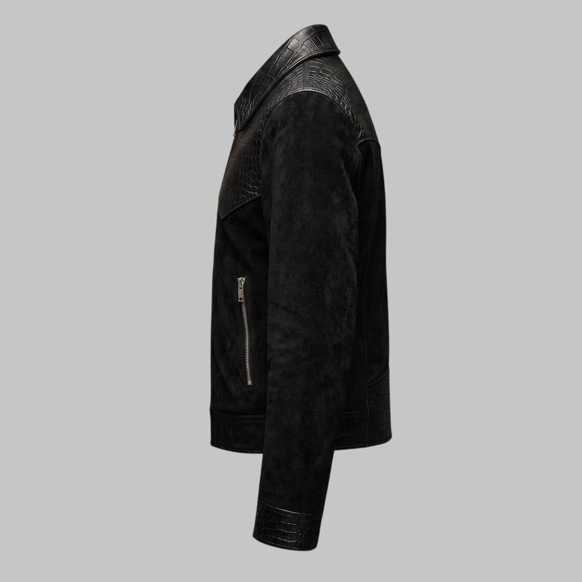 Side View of Men Black Suede Leather Crocodile Embossed Jacket
