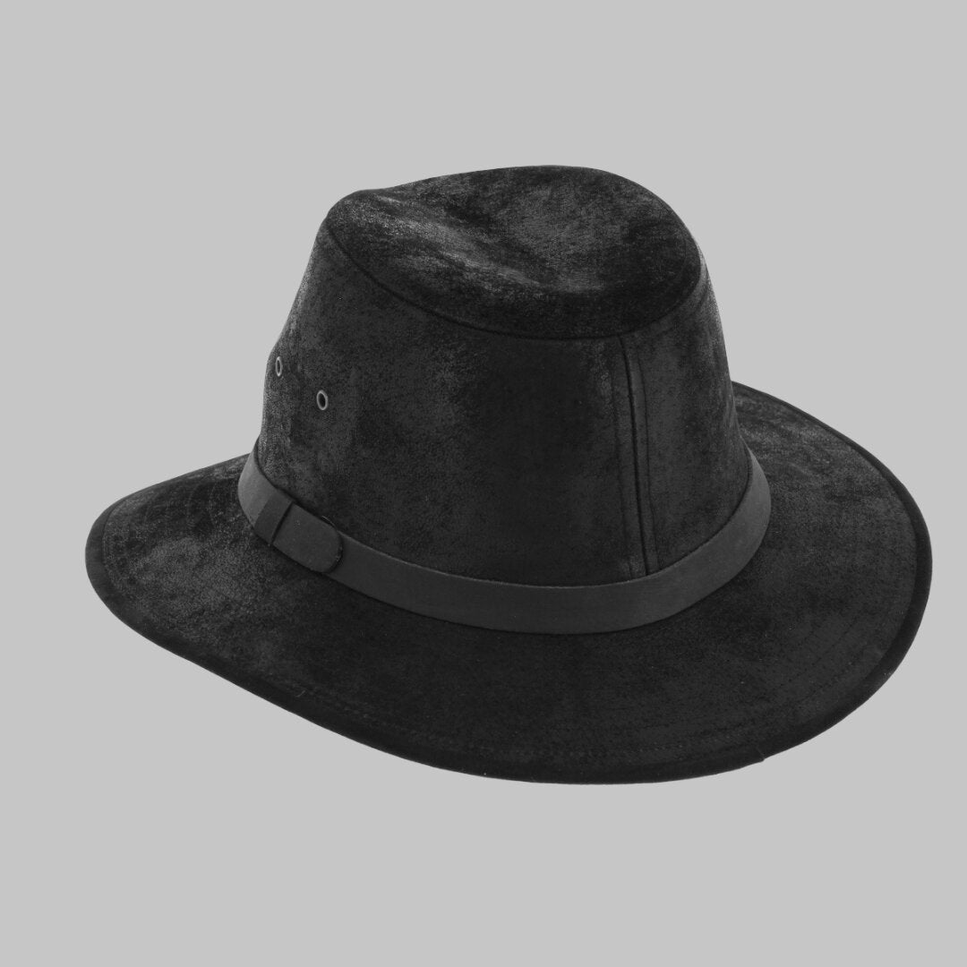 Black fedora hat with a belt on a light gray background