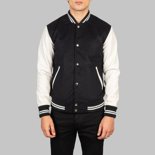Men Black & White Hybrid Varsity Jacket
