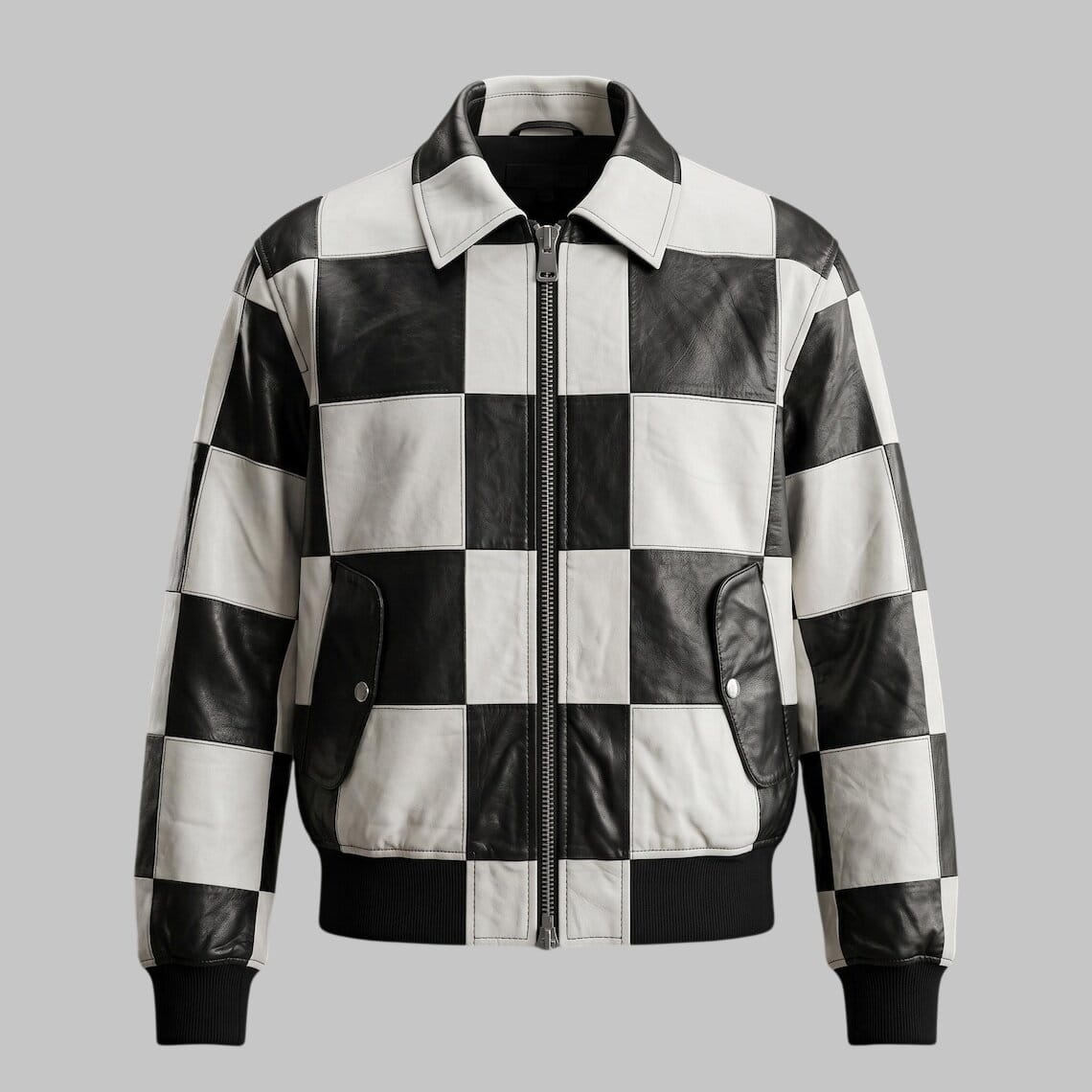 Front View of Men Black and White Checkerboard Leather Bomber Jacket