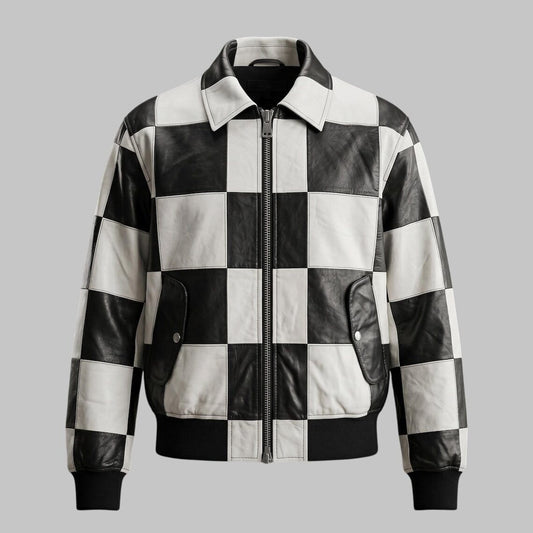 Front View of Men Black and White Checkerboard Leather Bomber Jacket