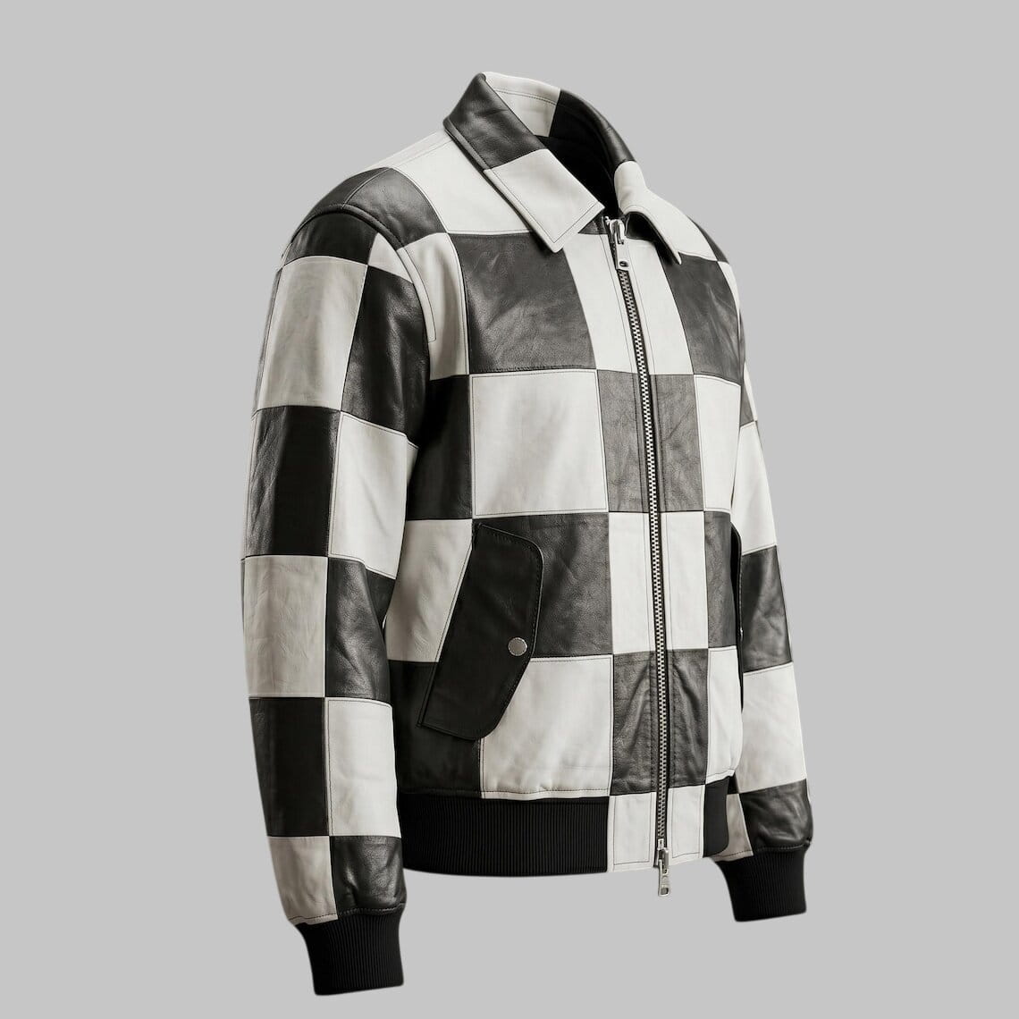 Side View of Men Black and White Checkerboard Leather Bomber Jacket