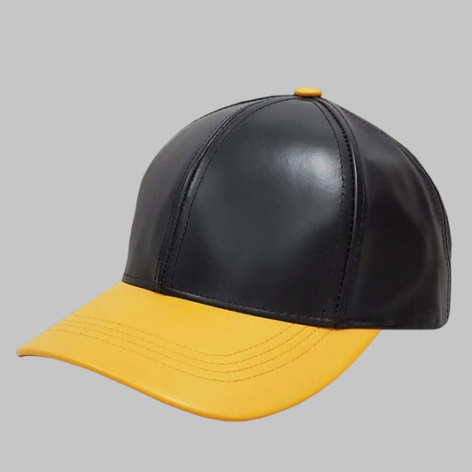 Men Black and Yellow Leather Baseball Cap