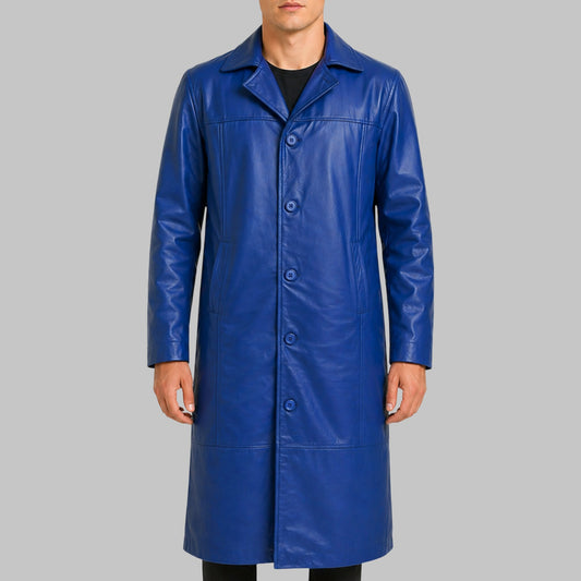 Men Blue Casual Leather Trench Coat