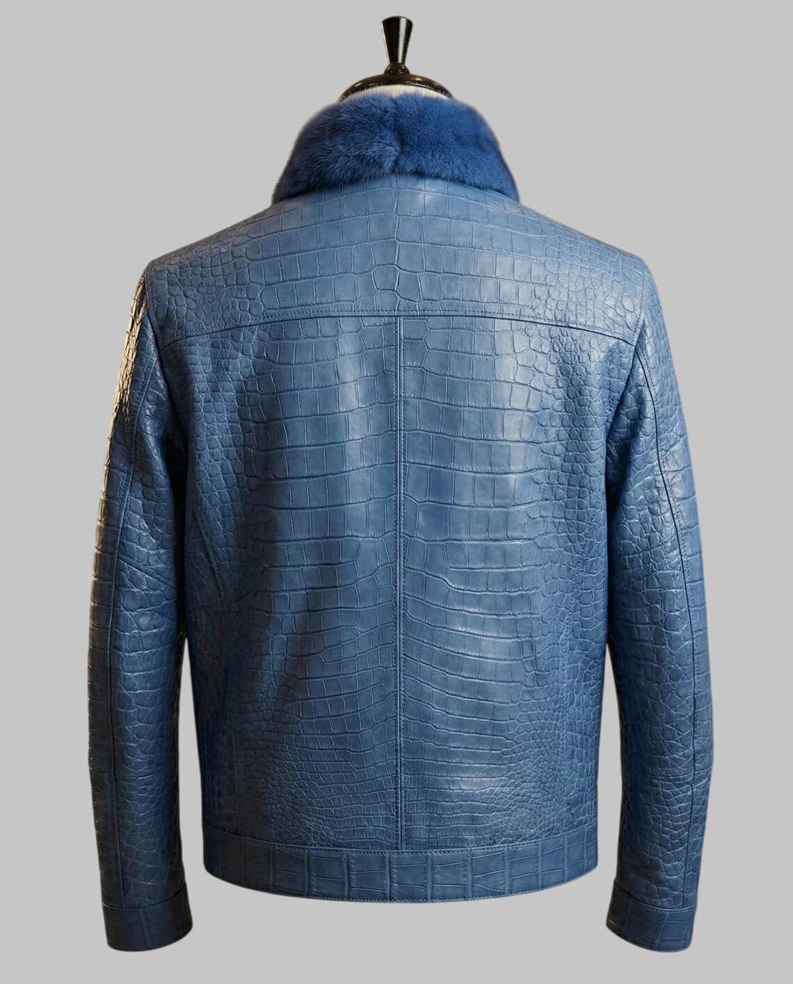 Back View of Men Blue Crocodile Embossed Leather Jacket with Fur Collar