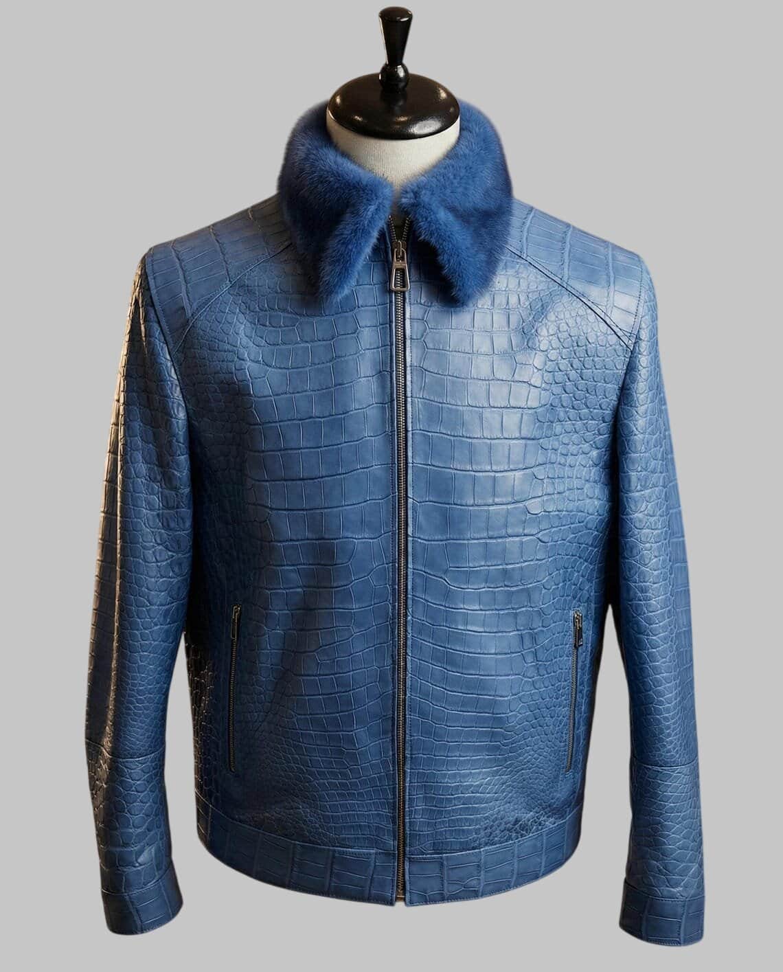 Front View of Men Blue Crocodile Embossed Leather Jacket with Fur Collar