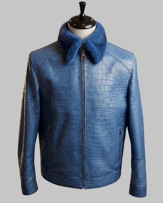 Front View of Men Blue Crocodile Embossed Leather Jacket with Fur Collar