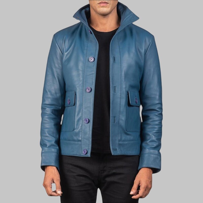 Men Blue Leather Bomber Jacket with High Collar and Flap Pockets