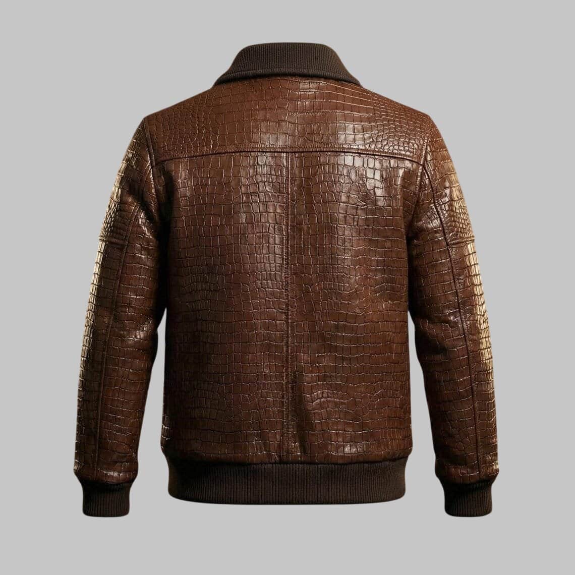 Back View of Men Brown Crocodile Embossed Leather Bomber Jacket