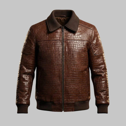 Front View of Men Brown Crocodile Embossed Leather Bomber Jacket