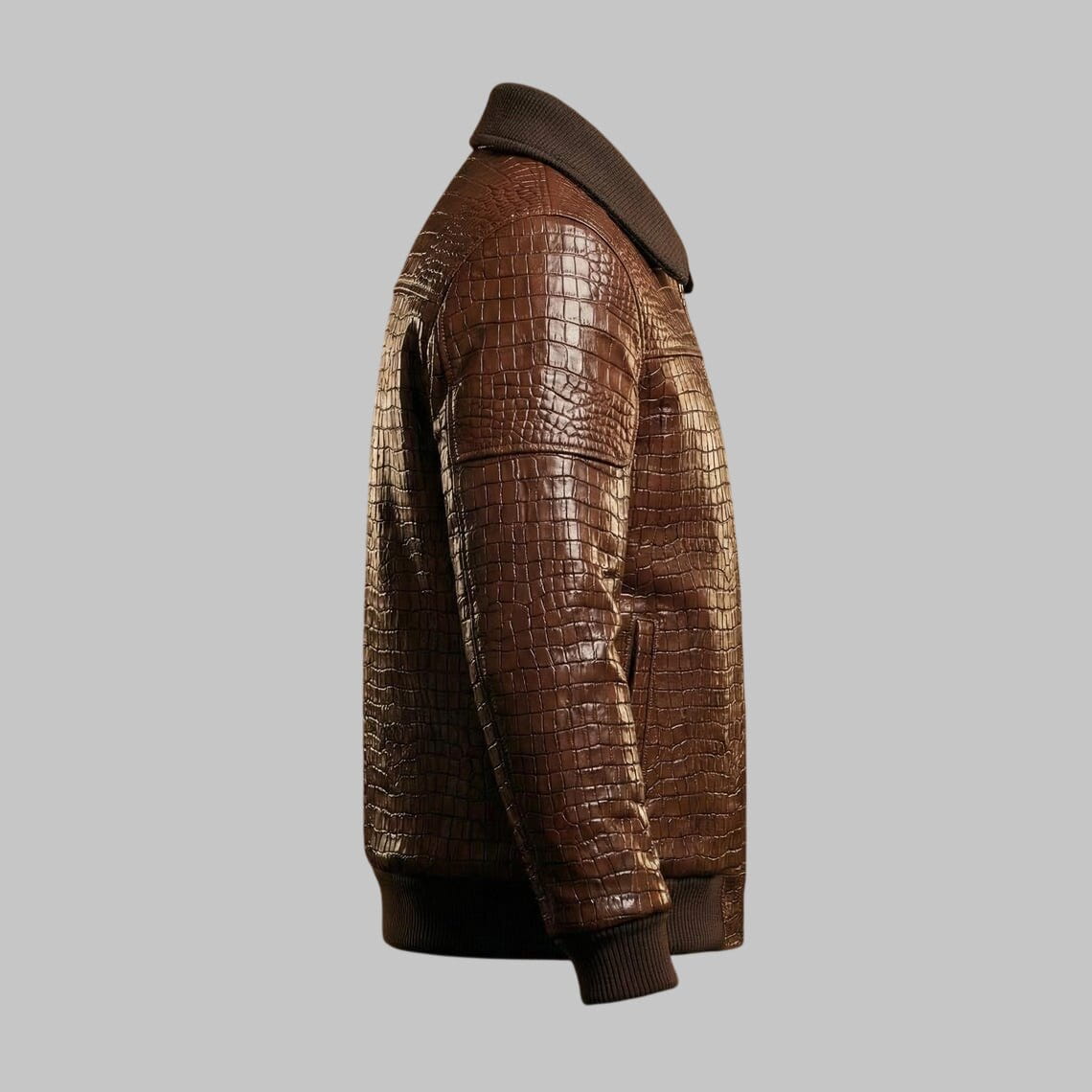 Side View of Men Brown Crocodile Embossed Leather Bomber Jacket