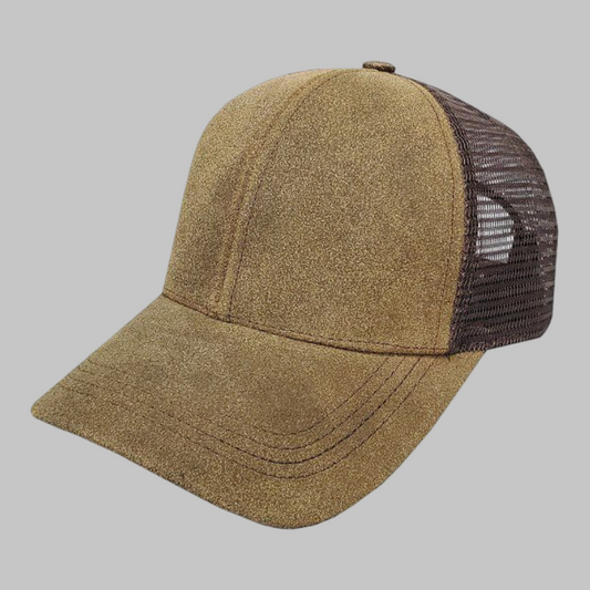 Men Brown Distressed Genuine Leather Mesh Trucker Cap