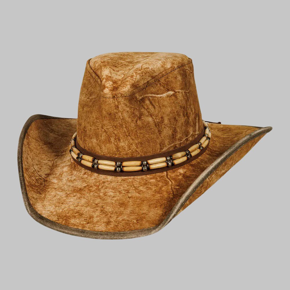 Brown cowboy hat with decorative band on a gray background