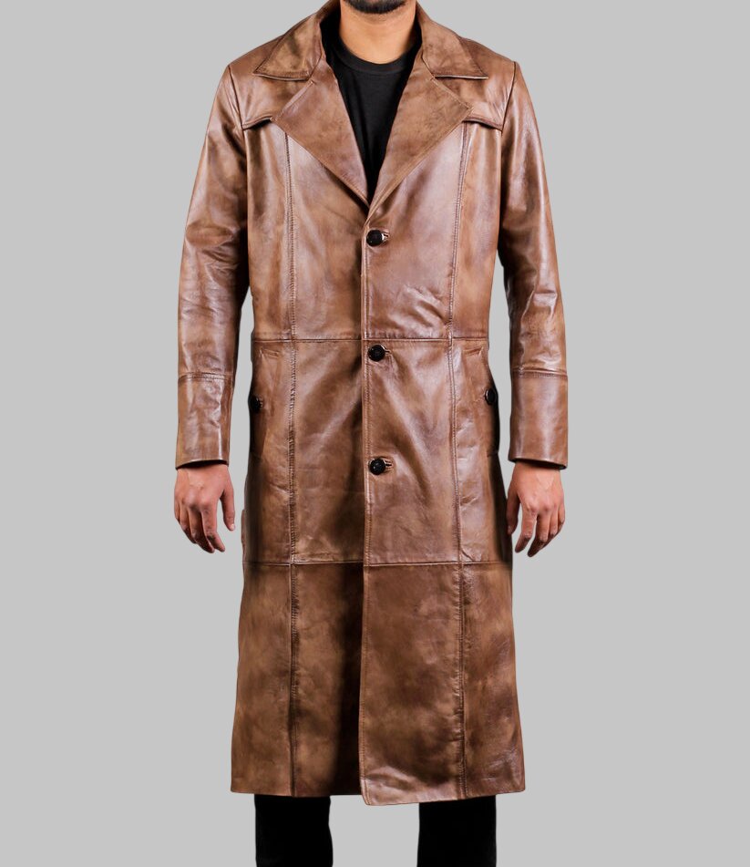 Men Brown Distressed Leather Trench Coat