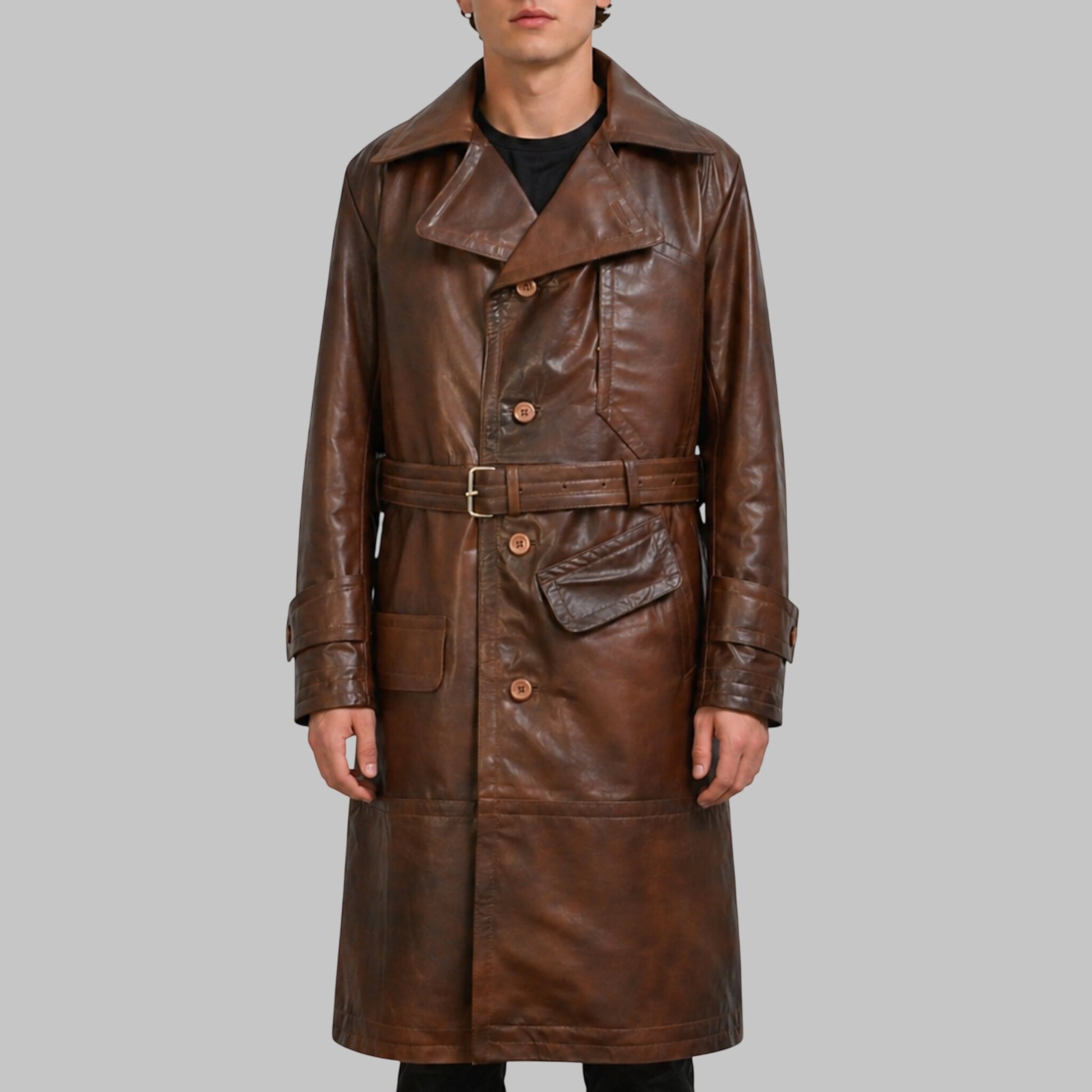 Men Brown Leather World War 1 Style Trench Coat