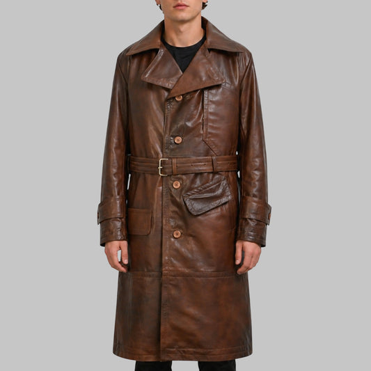 Men Brown Leather World War 1 Style Trench Coat