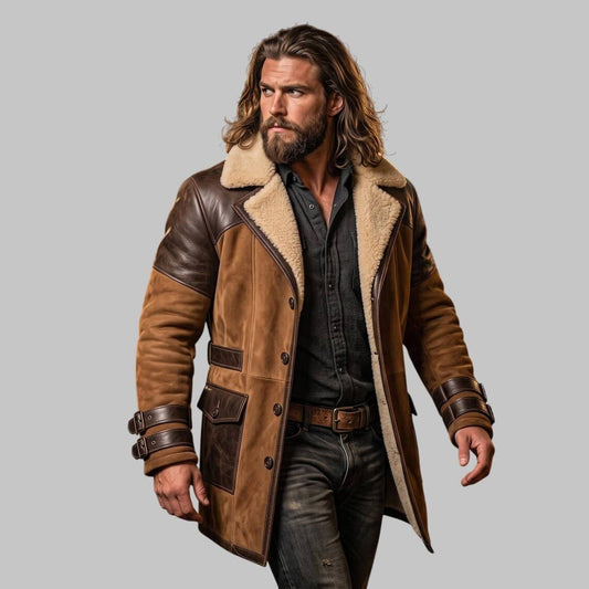 Men Brown Suede Leather Shearling Coat
