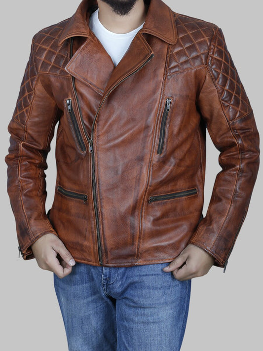 Men Brown Vintage Distressed Leather Biker Jacket