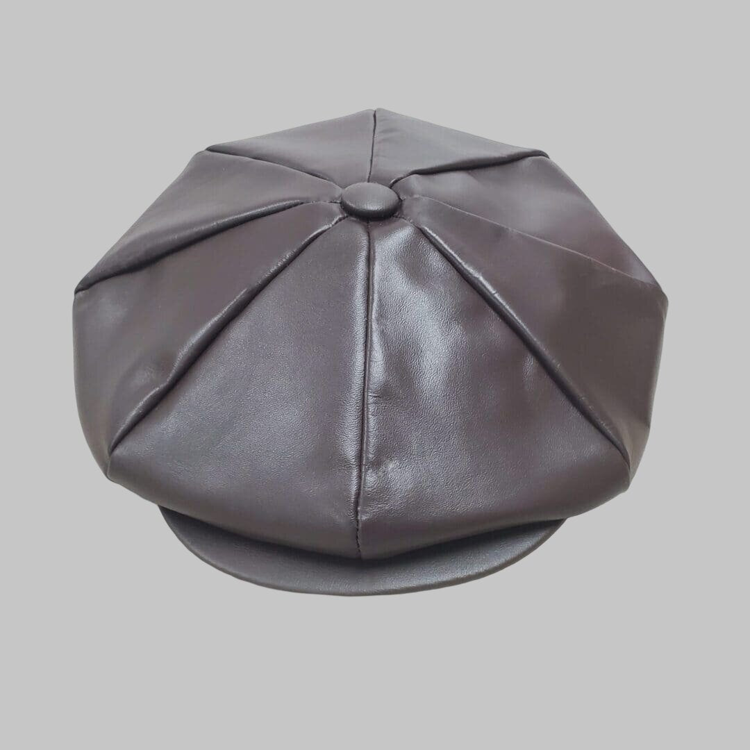 Men Dark Brown Cowhide Real Leather Newsboy Cap